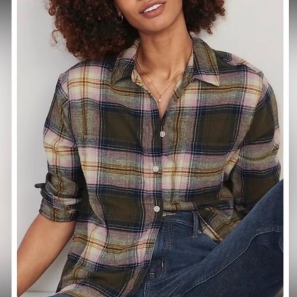 Old Navy Women’s Cropped Flannel Boyfriend Shirt In Olive and Pink Size 2X - Picture 1 of 8
